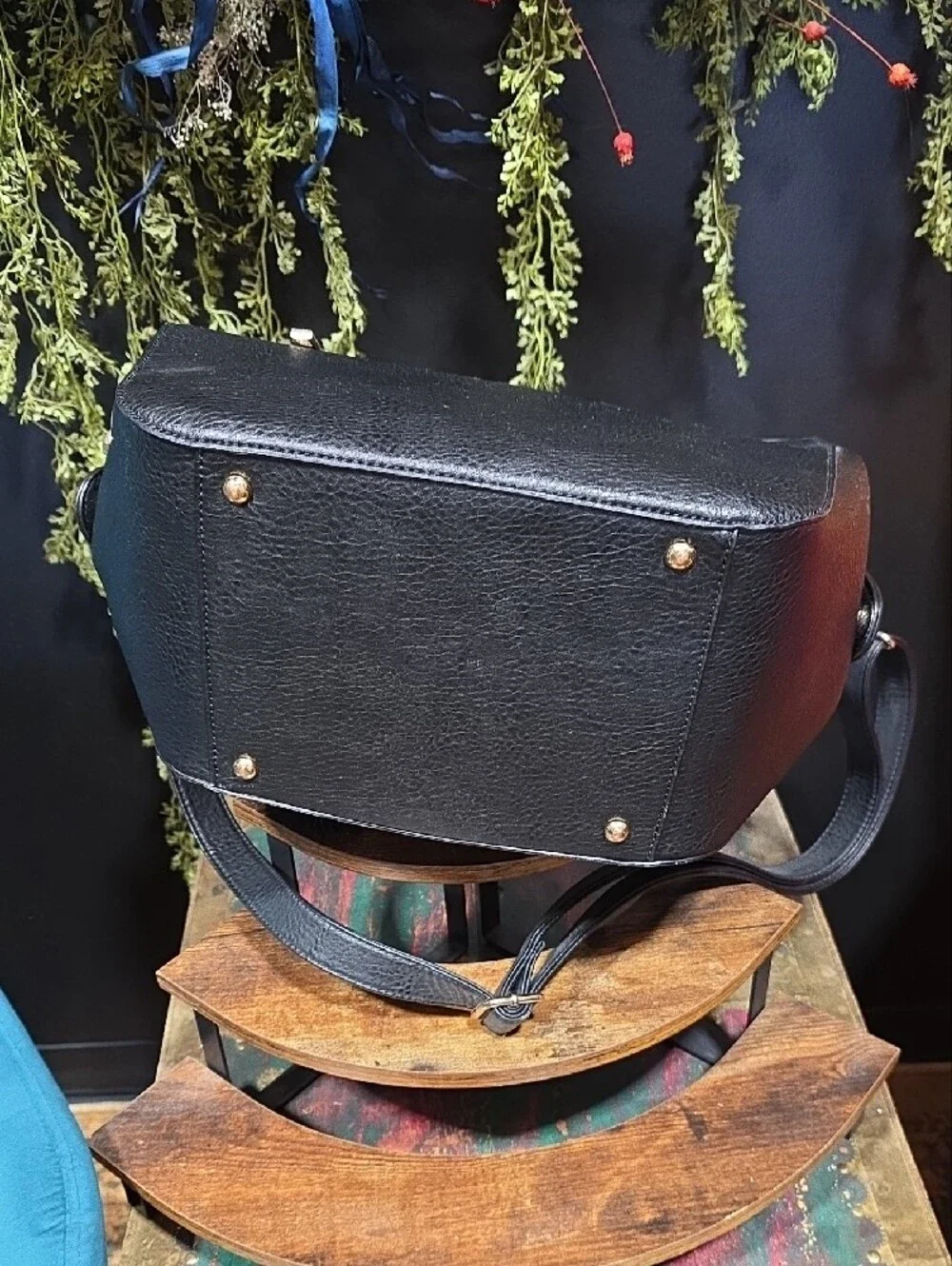 Black Geometric Panel Shoulder Bag with Pom Accent